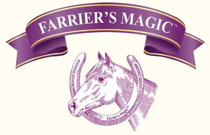 A purple and gold 'Farrier's Magic' logo with a stylized horse head illustration and horseshoe on a light cream background.