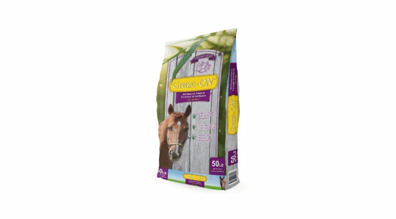 A 50kg bag of EquiOx Premium Horse Feed supplement, featuring a purple and yellow design with an image of a horse on the front, set against a plain white background.