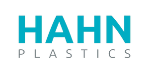 The logo for Hahn Plastics, featuring the word 'HAHN' in bold teal-blue letters and 'PLASTICS' in smaller gray letters, centered on a plain white background.