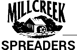 Black and white logo featuring the text 'MILLCREEK SPREADERS' with a small barn and waterwheel graphic in the center.