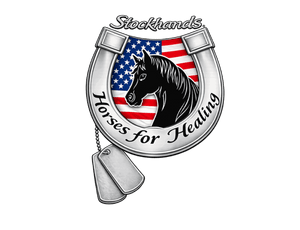 A horseshoe-shaped emblem with a black horse silhouette over an American flag background, with the words 'Stockhands' at the top and 'Horses for Healing' along the bottom curve. Two silver dog tags hang from the lower left.