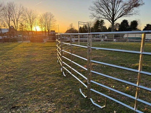CS Series galvanized livestock corral panels curving across a pasture at sunset