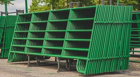 Row of green plastic barriers on a road with trees in the background