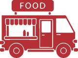 A red stylized food truck icon with the word FOOD above it on a white background.