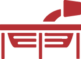 A red abstract logo or icon on a white background, resembling stylized letters with a curved shape above a horizontal bar.