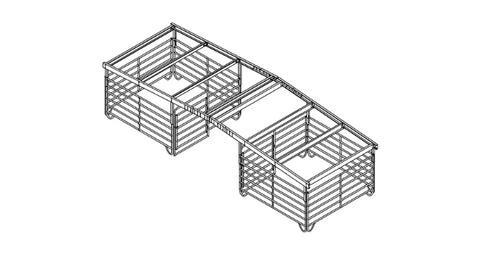 Isometric line drawing of two connected livestock shelter kit frames with slatted panel walls.