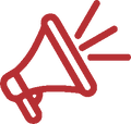 A red megaphone icon on a plain white background.