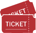 A red illustrated ticket design with white text reading "TICKET" and a dashed fold line, shown on a plain white background.
